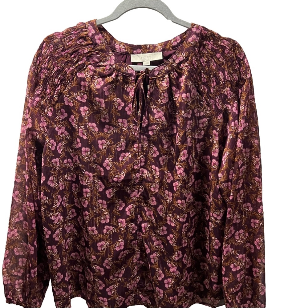 NWT LOFT|Burgundy Floral Peasant Blouse|Size L - Picture 1 of 6